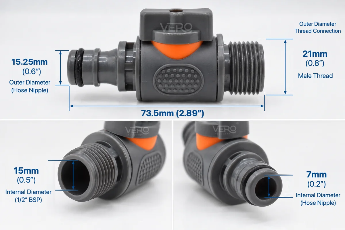 Dimensions diagram of the Vero Recovery Ice Bath Hose Pipe Drain Valve - 73.5mm long, hose nipple end 15.25mm outer / 7mm internal diameter, 1/2 inch BSP male thread end 21mm outer / 15mm internal diameter