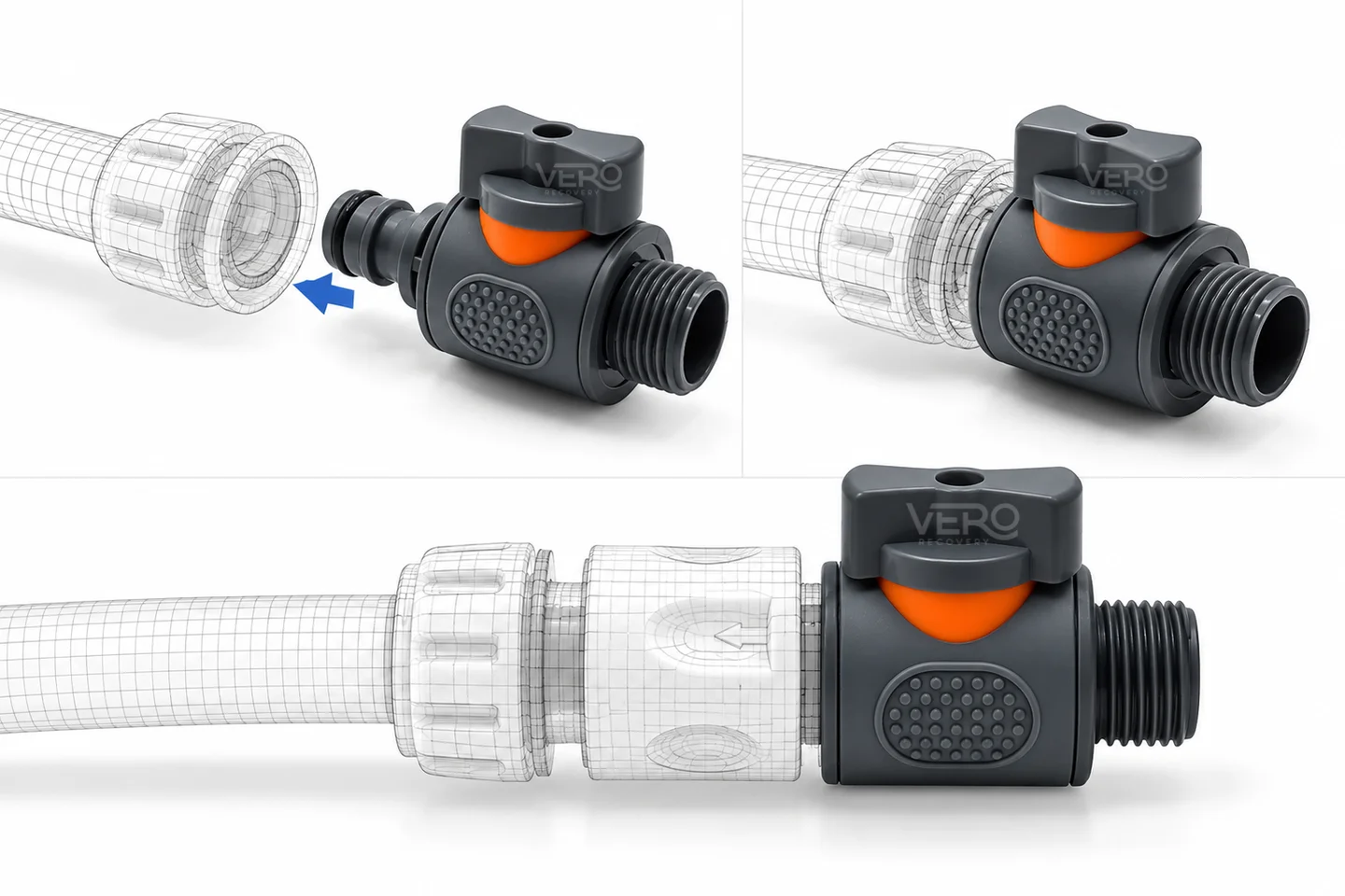 Diagram showing a standard quick-release hose connector sliding onto the Vero Recovery Ice Bath Hose Pipe Drain Valve
