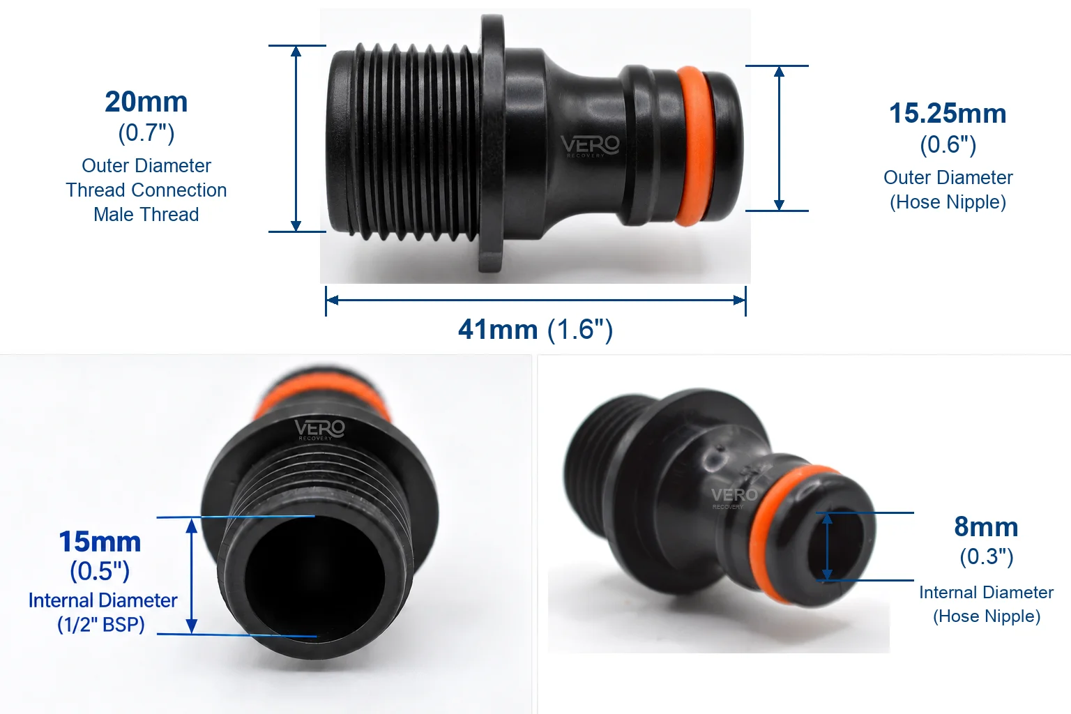 Dimensions diagram of the Vero Recovery Ice Bath Hose Connector - 41mm long, 1/2 inch BSP male thread end 20mm outer / 15mm internal diameter, hose nipple end 15.25mm outer / 8mm internal diameter
