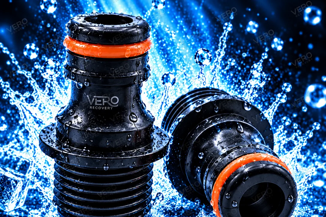 Vero Recovery Ice Bath Hose Connector - splash shot with ice