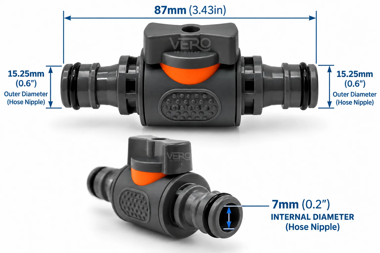 Dimensions diagram of the Vero Recovery Ice Bath Hose Pipe Inline Drain