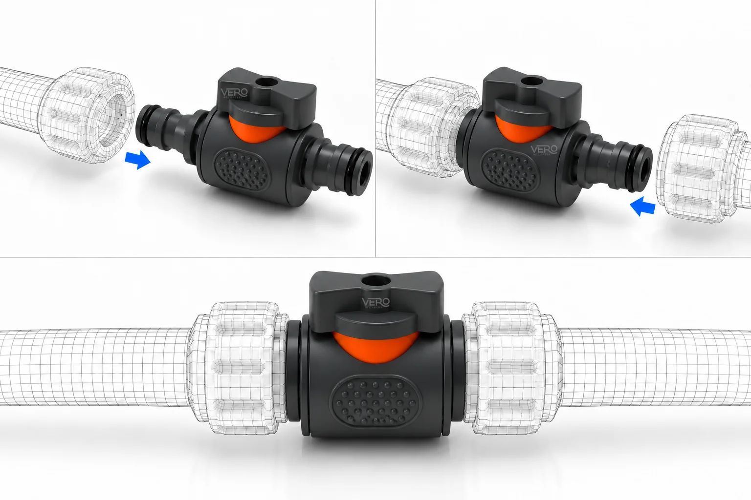 Diagram showing a quick-release hose connector sliding onto each end of the Vero Recovery Ice Bath Hose Pipe Inline Drain